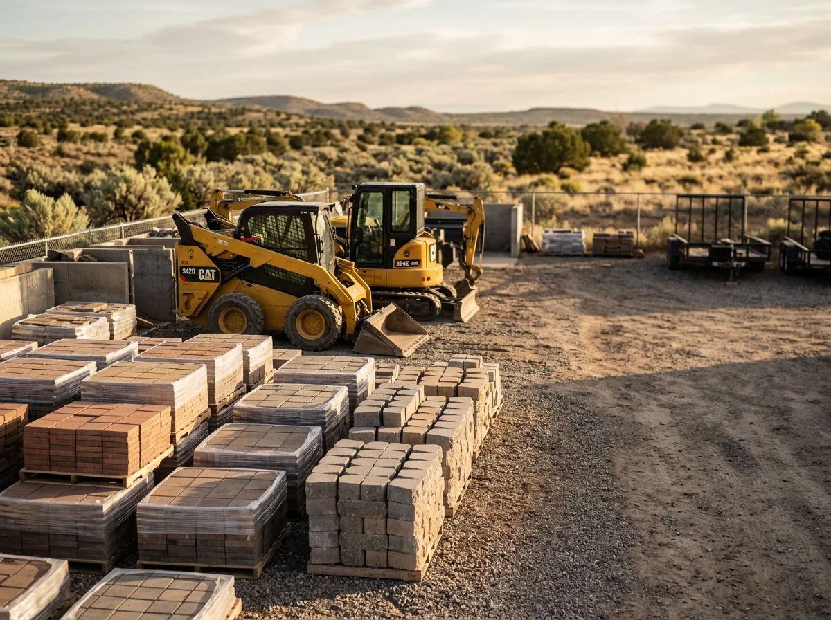 Landscape contractor tools and hardscape materials including pavers, retaining wall blocks, and grading equipment staged for outdoor project work.