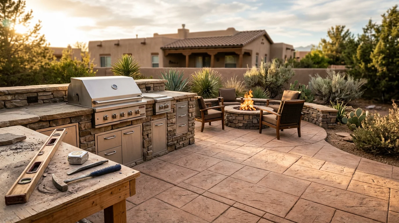 Custom outdoor kitchen and fire pit installation