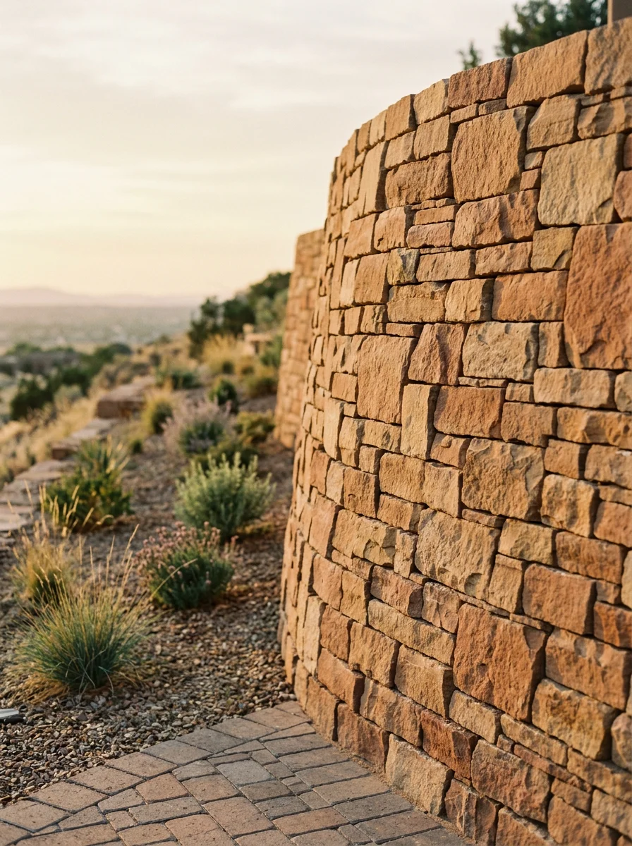 Close-up of a dry-stacked retaining wall built from natural stone on a sloped Albuquerque lot, with a paver walkway at its base.