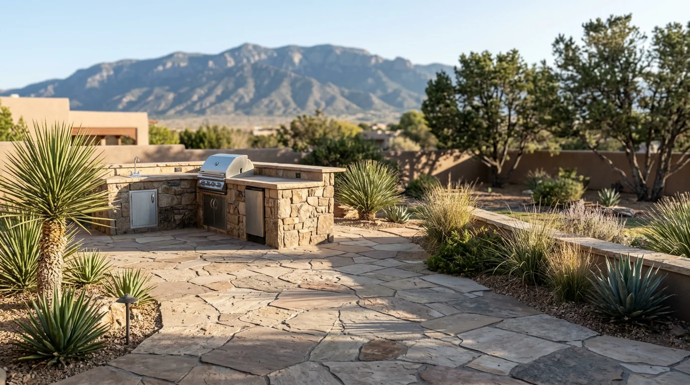 A custom flagstone patio with a built-in outdoor kitchen installed on a residential property in Albuquerque, New Mexico, with the Sandia Mountains visible in the background.