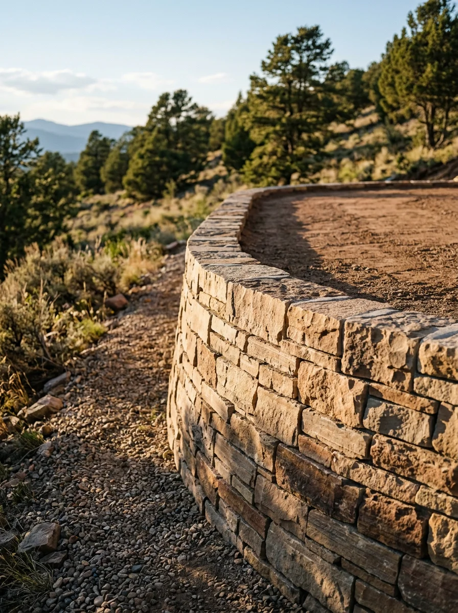 A natural stone retaining wall on a steep Angel Fire residential lot, with a graded flat area prepared for paver installation above it.