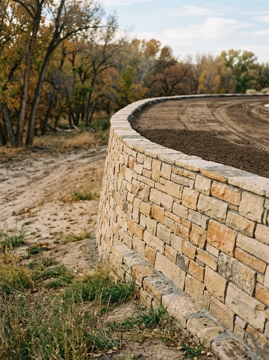 A natural stone retaining wall built along a grade change on a Bosque Farms residential lot, with a flat graded area above it prepared for outdoor living space installation.