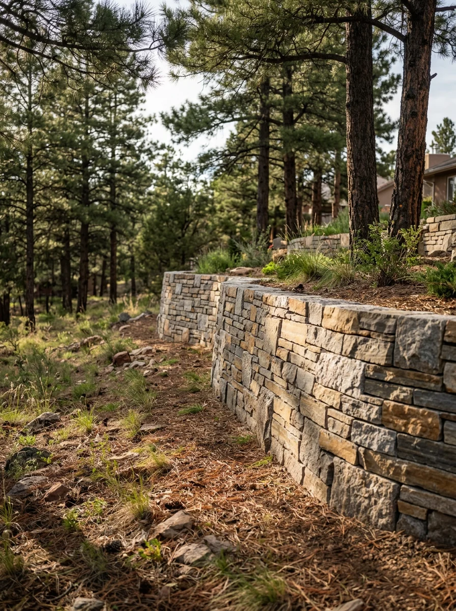 A natural stone retaining wall built on a sloped Cedar Crest residential lot, with a flat graded area above it and mature ponderosa pines surrounding the space.