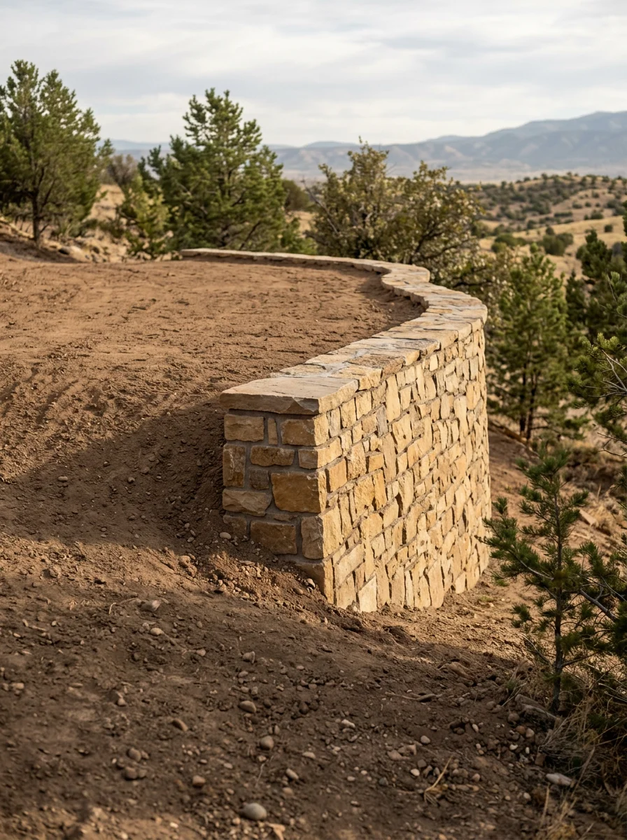 A natural stone retaining wall built on rolling terrain at an Edgewood residential property, with a flat graded area above it prepared for outdoor living space installation.