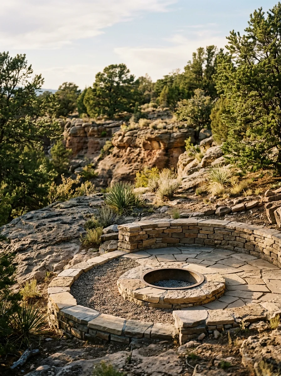 A custom outdoor fire pit with a flagstone seating area built on a White Rock residential property, with the rocky Pajarito Plateau terrain visible around the space.