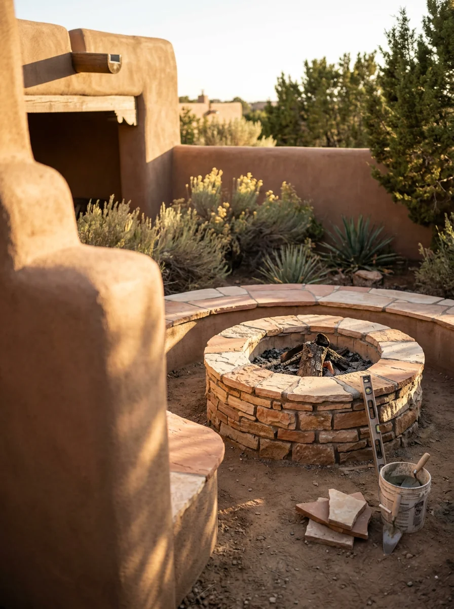 A custom outdoor fire pit built from natural stone on a Santa Fe residential lot, with a flagstone seating area and Pueblo Revival architecture visible in the background.
