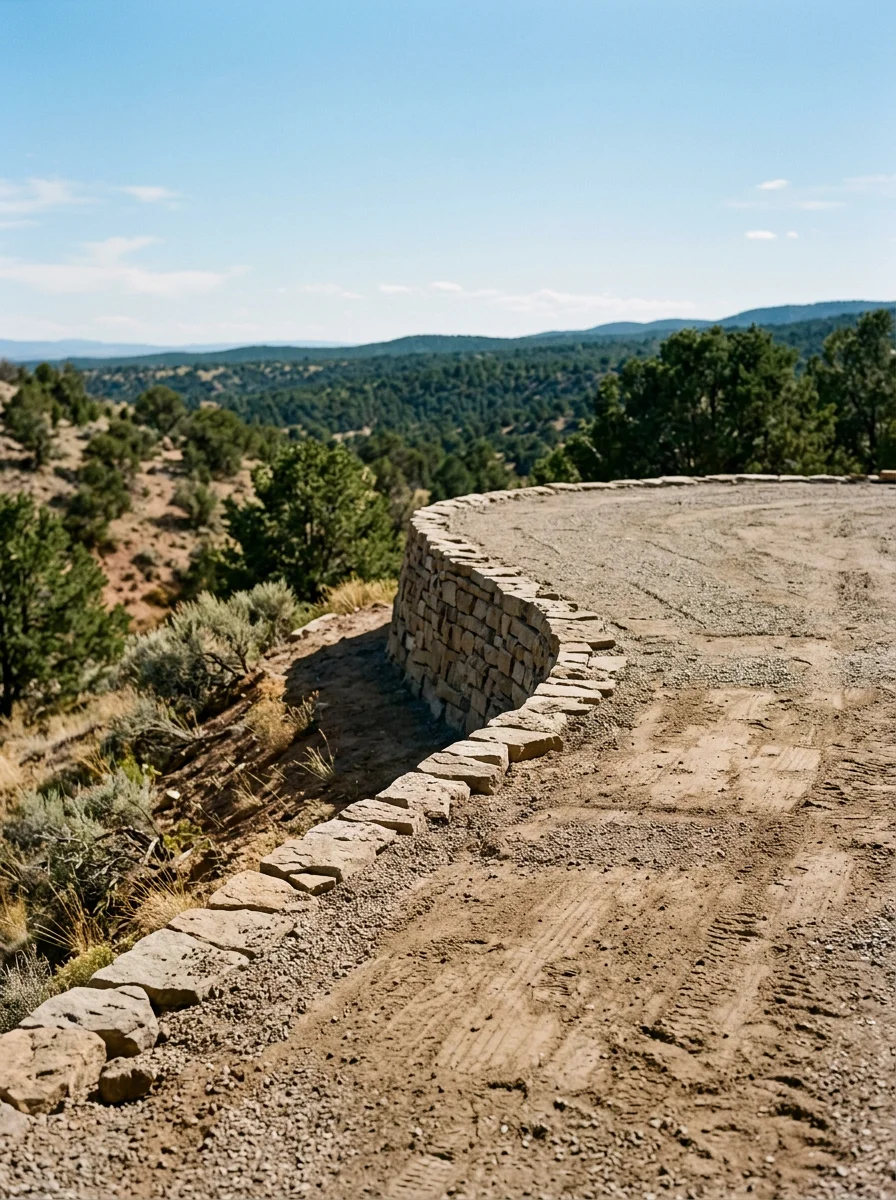 A natural stone retaining wall on a sloped property near Arroyo Seco, New Mexico, with a flat graded area above it ready for paver installation.