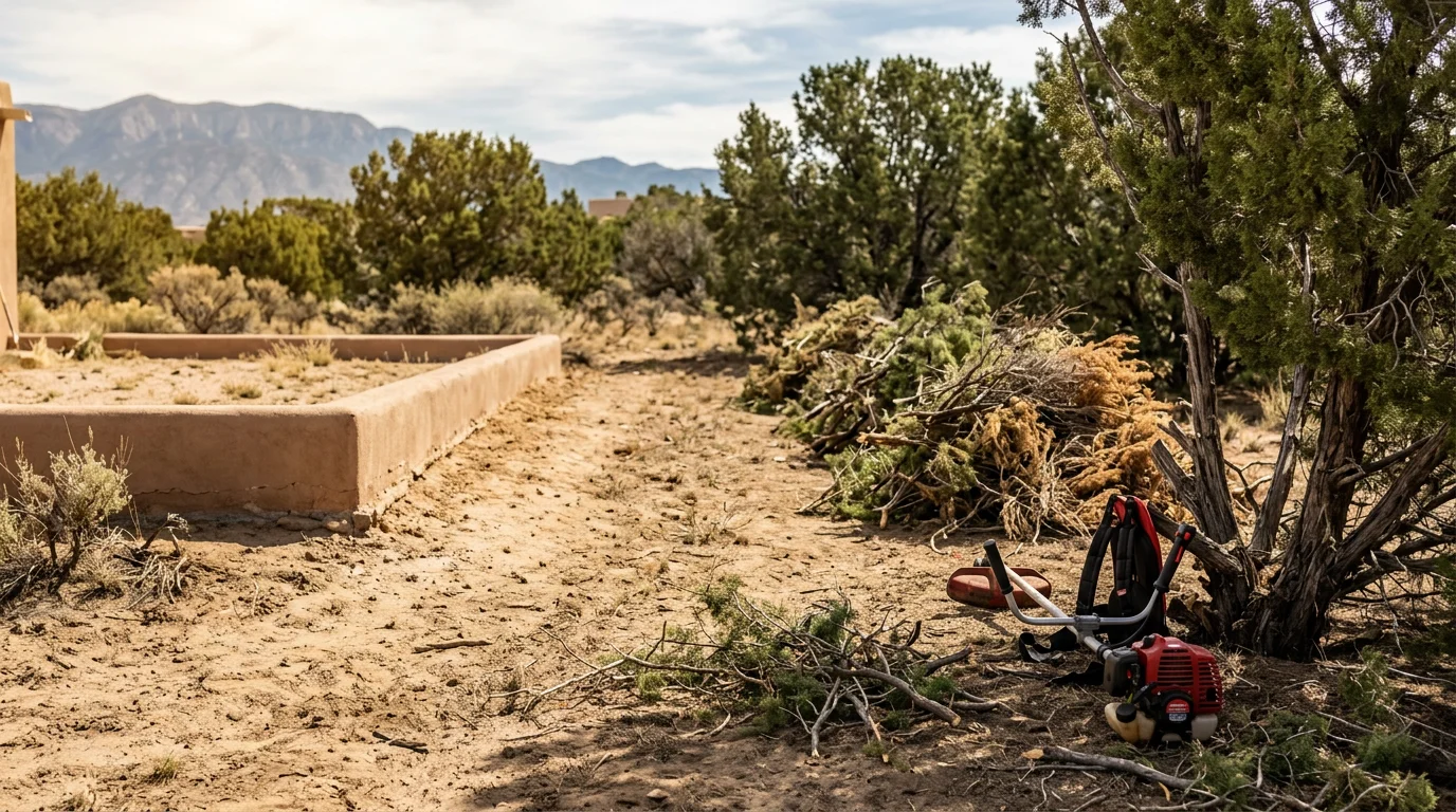 A cleared residential property in Albuquerque, New Mexico showing removed brush, cut-back scrub vegetation, and clean open ground along the property edge. Dry woody debris has been hauled away, leaving a tidy perimeter around the home.