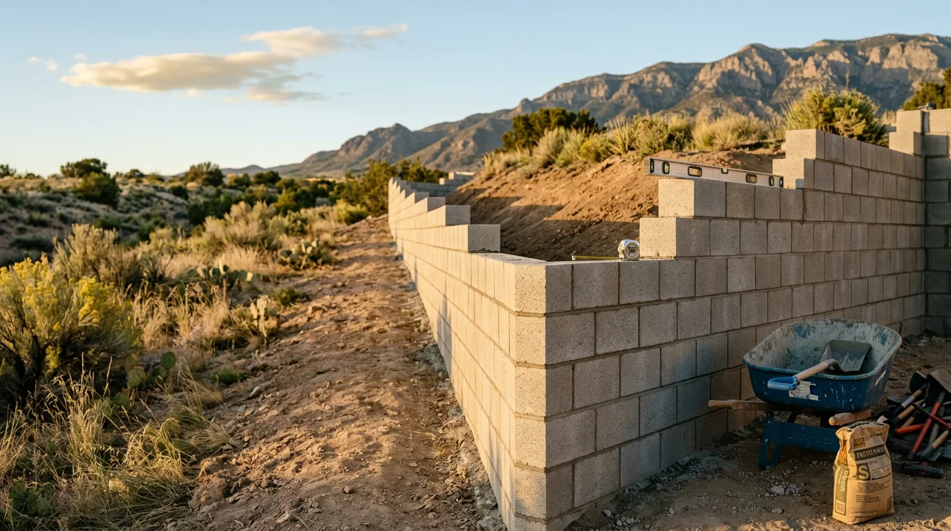 Custom concrete masonry retaining wall built on a sloped residential lot in Albuquerque, New Mexico, with clean finished edges and desert landscaping. The wall holds back native soil on a graded yard typical of the high desert terrain found across the LCJ Landscape LLC service area.