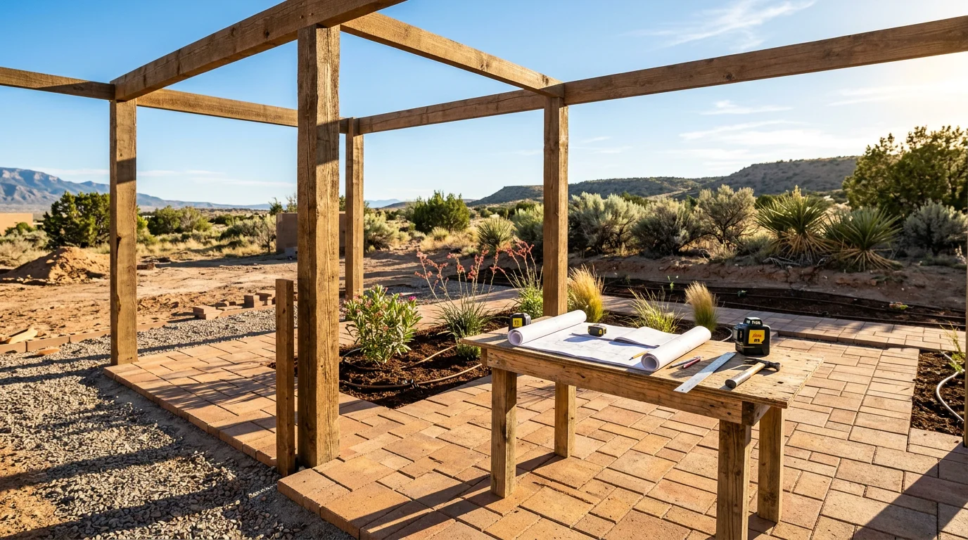 Custom outdoor entertainment space with defined seating zones and shade structure in an Albuquerque high-desert backyard. The design reflects the natural tones and open sky typical of New Mexico residential properties.