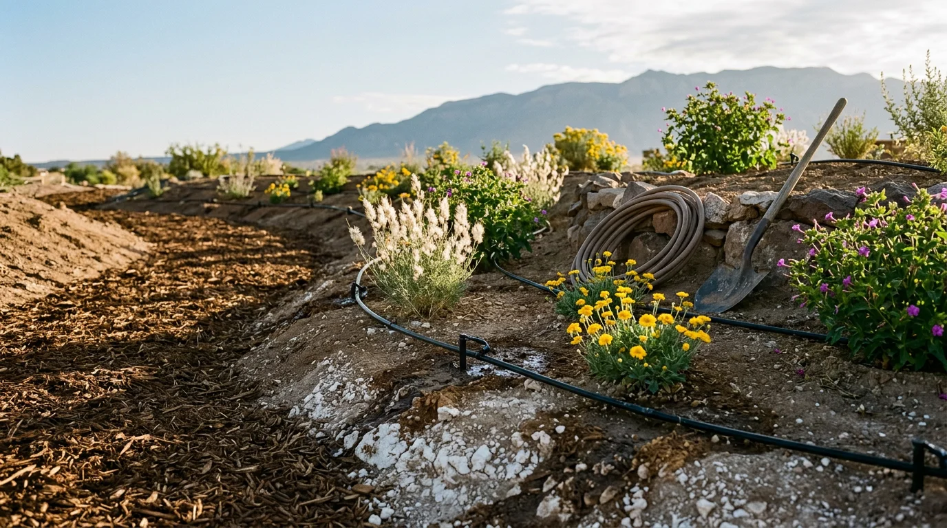 A custom desert landscape in Albuquerque, New Mexico, featuring drought-adapted plants, decomposed granite ground cover, and drip irrigation set against a high desert backdrop. The yard shows layered plantings suited to alkaline soil and intense sun at elevation.