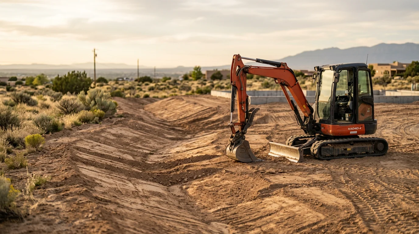 A residential yard in Albuquerque, New Mexico after professional dirtwork and grading, showing a smooth, evenly sloped soil surface graded away from the home's foundation. The surrounding high-desert terrain and adobe-style home exterior are visible in the background.