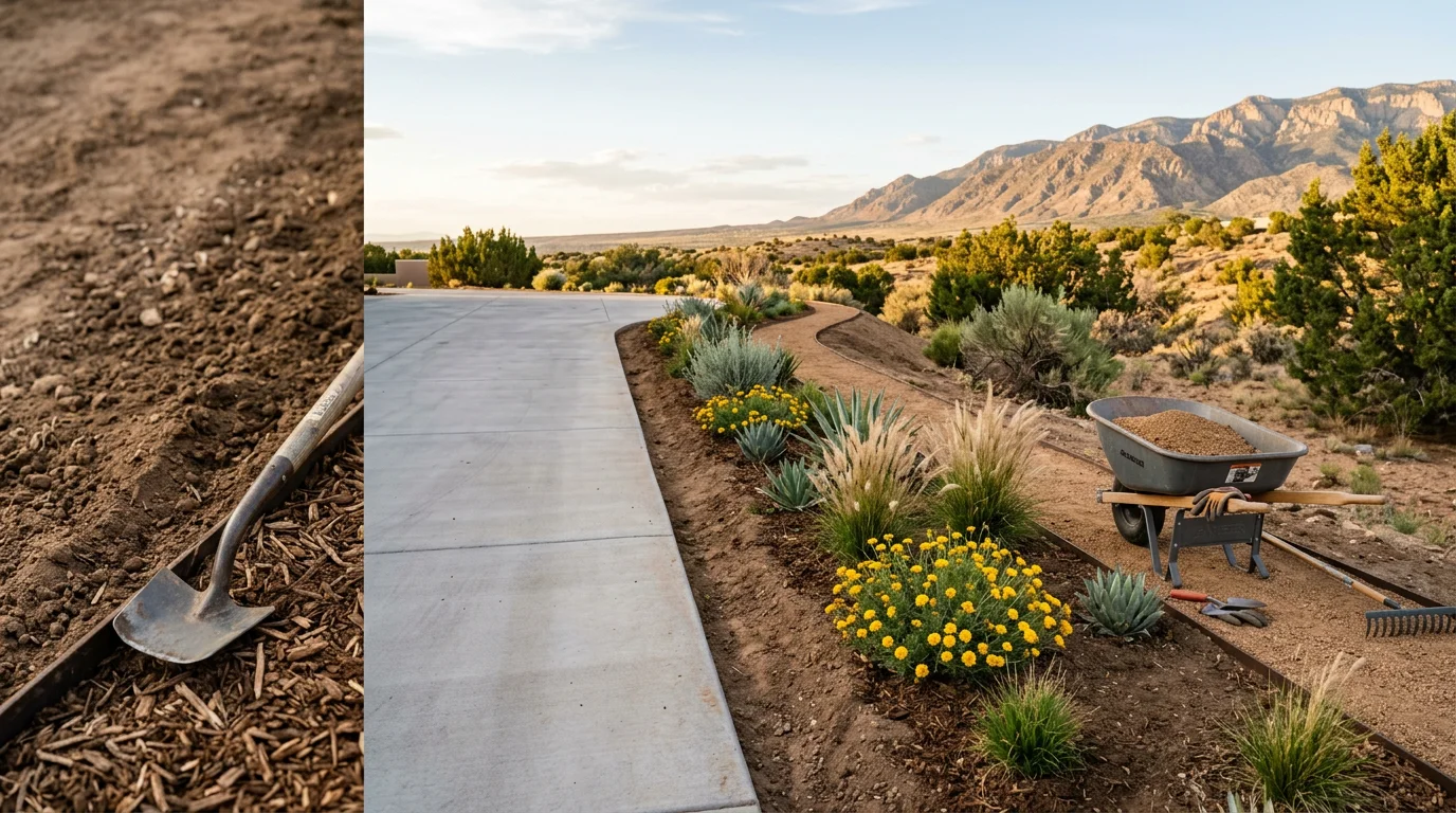 Custom driveway landscaping in Albuquerque, New Mexico, featuring desert-adapted ground cover and planted borders framing a residential driveway entrance. The design reflects the high-desert surroundings with low-water plantings and clean, defined edges.