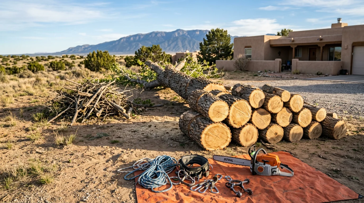 A large fallen tree lying across a residential yard in Albuquerque, New Mexico, with a crew from LCJ Landscape LLC sectioning the trunk and clearing debris. The cleared property is visible in the background after removal.
