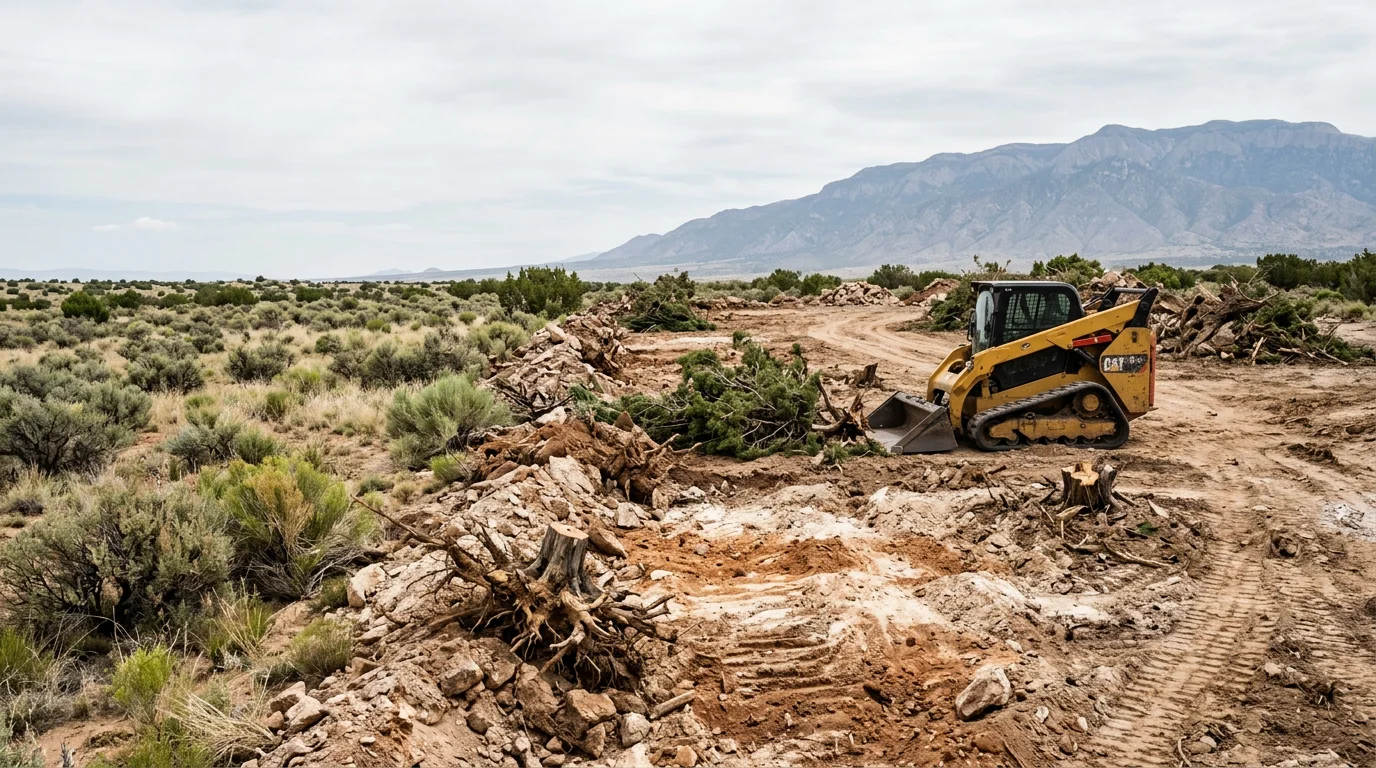 A cleared residential lot in Albuquerque, New Mexico with native juniper and brush removed, leaving open ground ready for landscaping or construction. Surrounding high desert terrain and blue sky visible in the background.