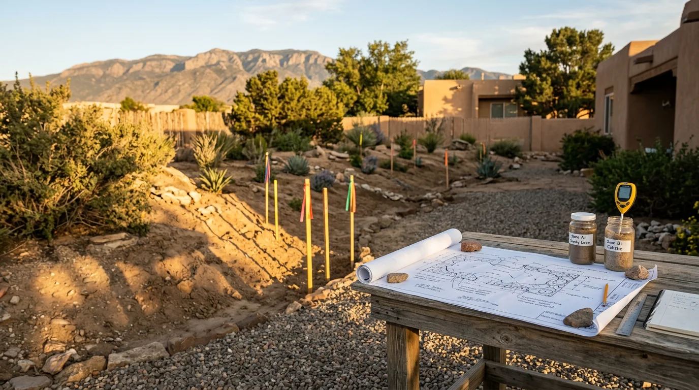 A custom residential landscape design plan laid out for a high-desert property in Albuquerque, New Mexico, showing drought-adapted plant placement and defined outdoor living areas. The surrounding yard features alkaline soil and open desert terrain typical of the Albuquerque region.