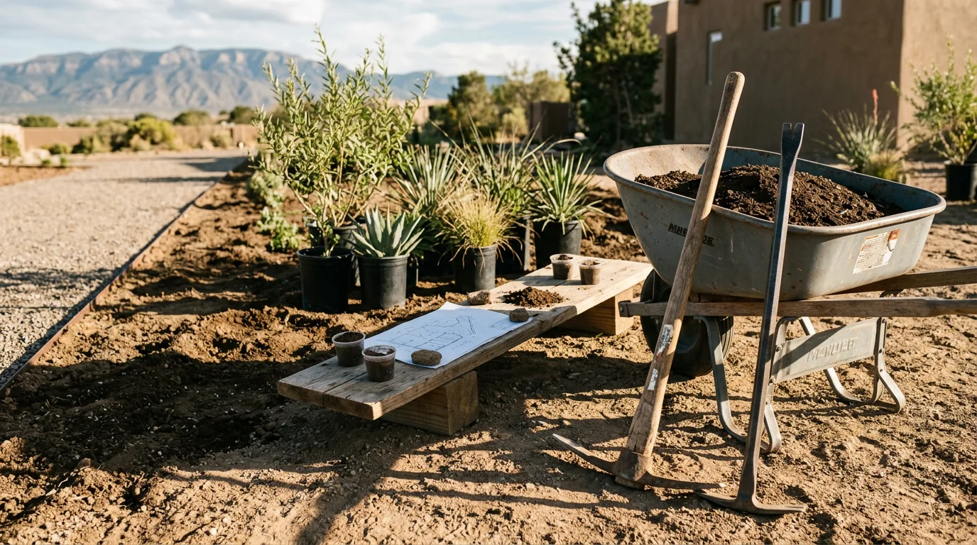 A freshly installed custom landscape in Albuquerque, New Mexico, featuring drought-adapted plantings and prepared desert soil. The yard reflects a high-desert setting with clean ground cover and intentional plant placement suited to the local climate.