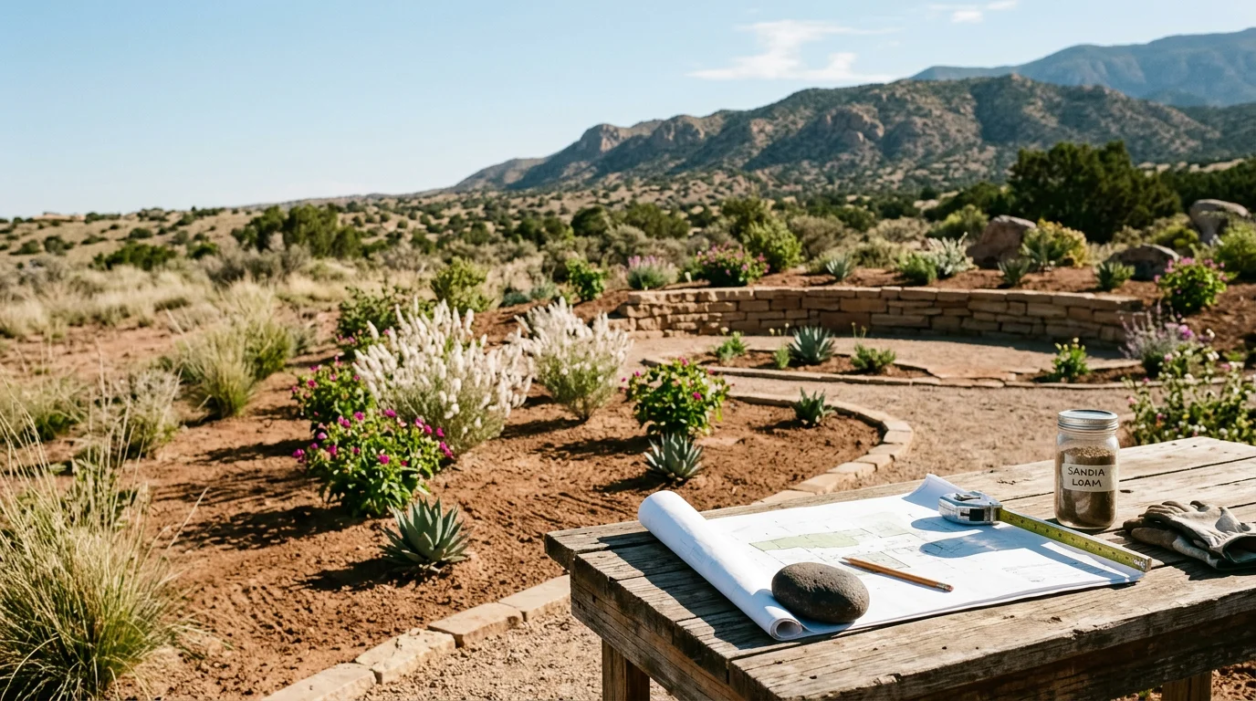 A custom-designed residential landscape in Albuquerque, New Mexico, featuring a structured yard layout suited to high-desert conditions. The finished outdoor space reflects a clean, intentional design built around the homeowner's preferences and the local environment.