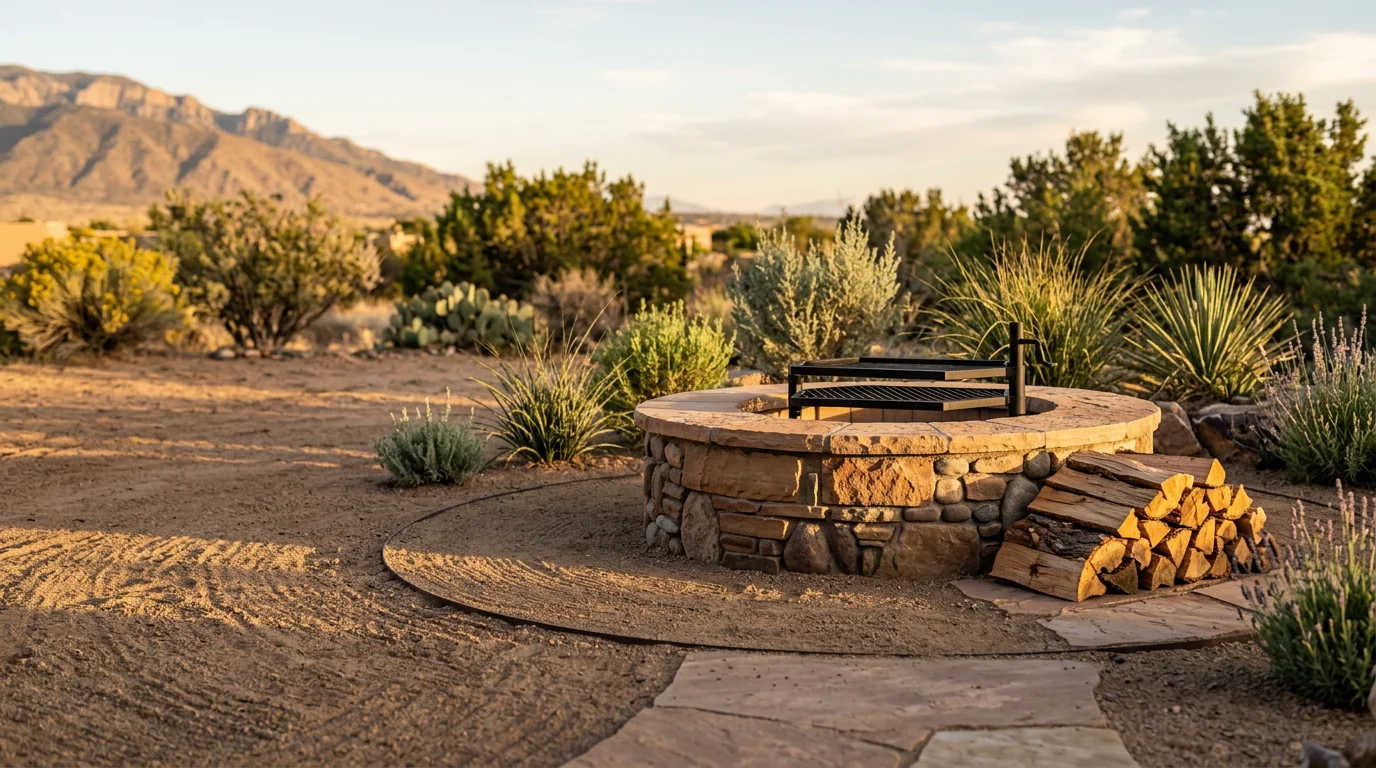 A custom-built outdoor fire pit installed in a residential backyard in Albuquerque, New Mexico, surrounded by desert-style landscaping and open seating. The fire pit is set into a hardscaped patio area with clear clearance on all sides and a view of the surrounding high-desert landscape.