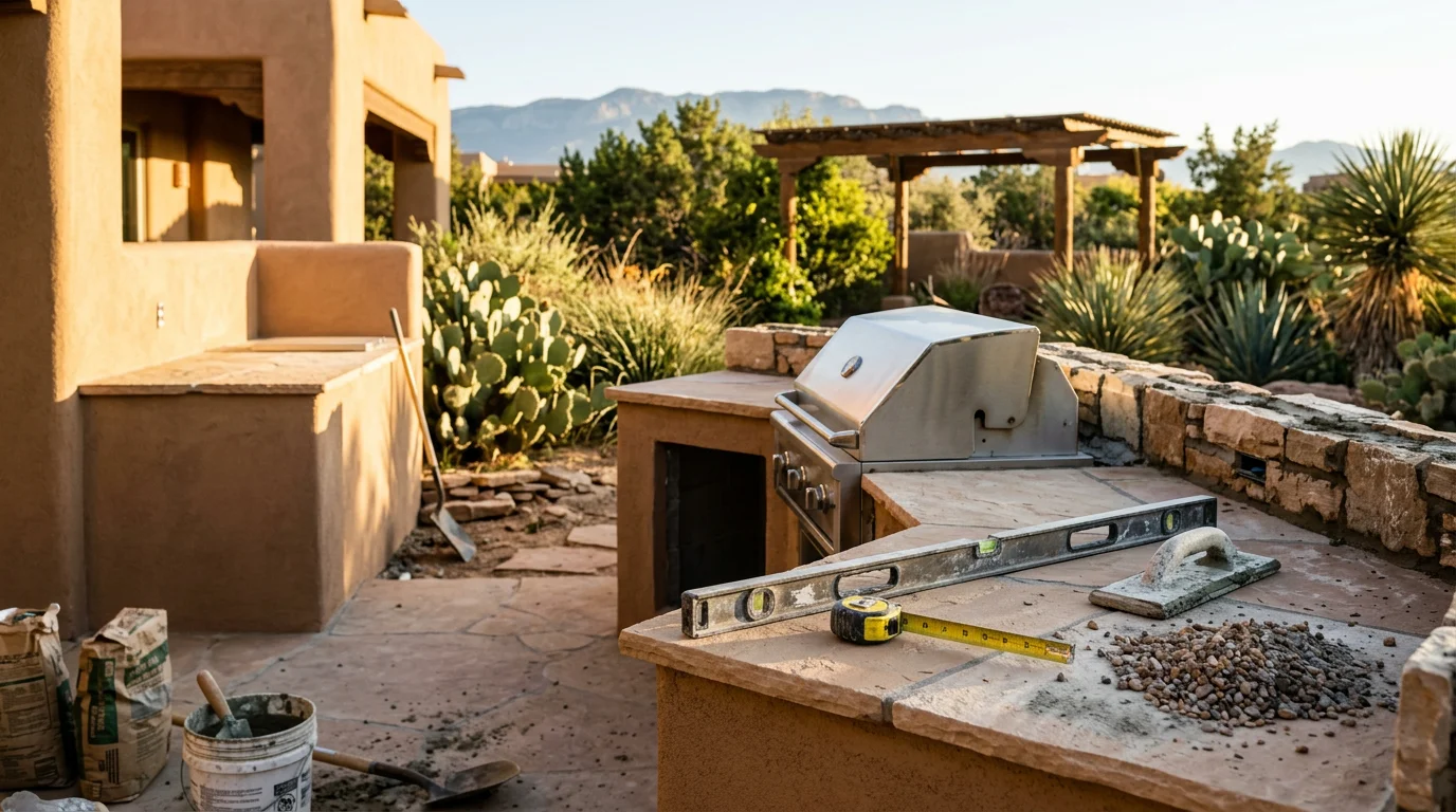 Custom outdoor kitchen installed in an Albuquerque backyard, featuring a built-in grill, prep counter, and storage built to handle New Mexico's desert climate. The finished space sits within a landscaped yard designed and installed by LCJ Landscape LLC.