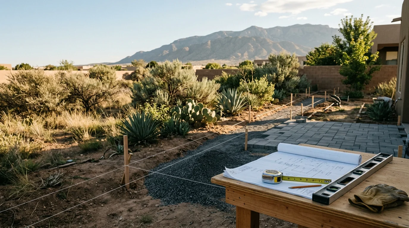 A custom outdoor living space designed by LCJ Landscape LLC for a residential property in Albuquerque, New Mexico, featuring a defined layout that works with the high-desert surroundings. The space reflects a site-specific design built to handle the region's sun exposure and seasonal weather patterns.