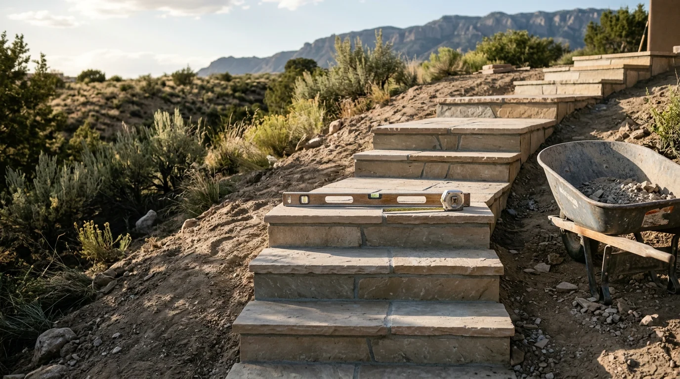 Custom outdoor stone steps built into a sloped residential yard in Albuquerque, New Mexico, with clean risers and a stable base suited to the high-desert terrain. The staircase connects a lower yard area to an upper patio or entry, showing defined edges and a finished, natural look.