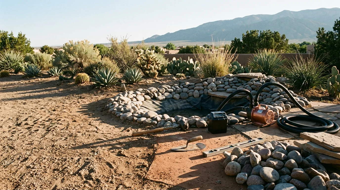 A custom recirculating water feature installed in an Albuquerque backyard, surrounded by desert stone and native plantings. The cascading design reflects the high-desert landscape of New Mexico.