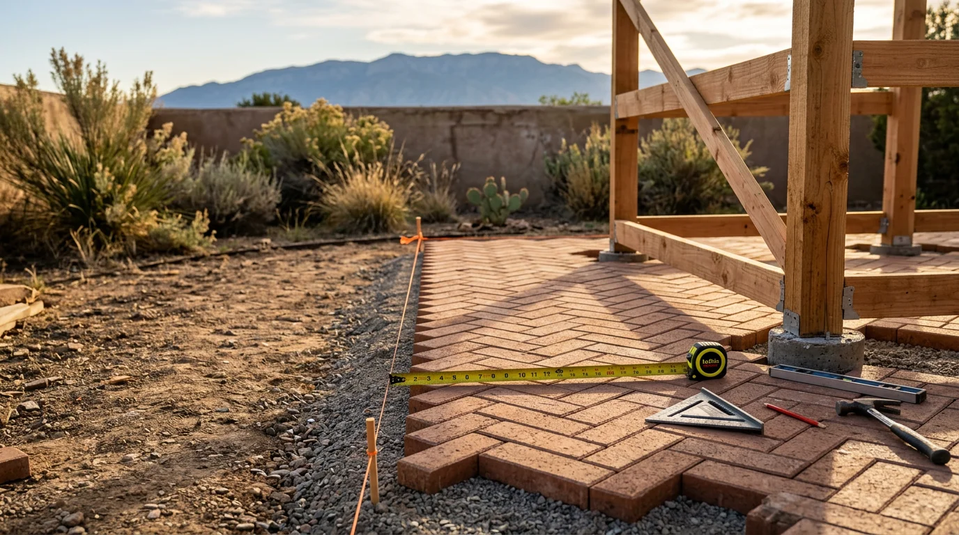 Custom patio and seating area designed by LCJ Landscape LLC in Albuquerque, New Mexico, featuring defined lounge and dining zones set against a high-desert backyard landscape. The finished space reflects a layout built for shade, comfort, and everyday outdoor use in New Mexico's climate.