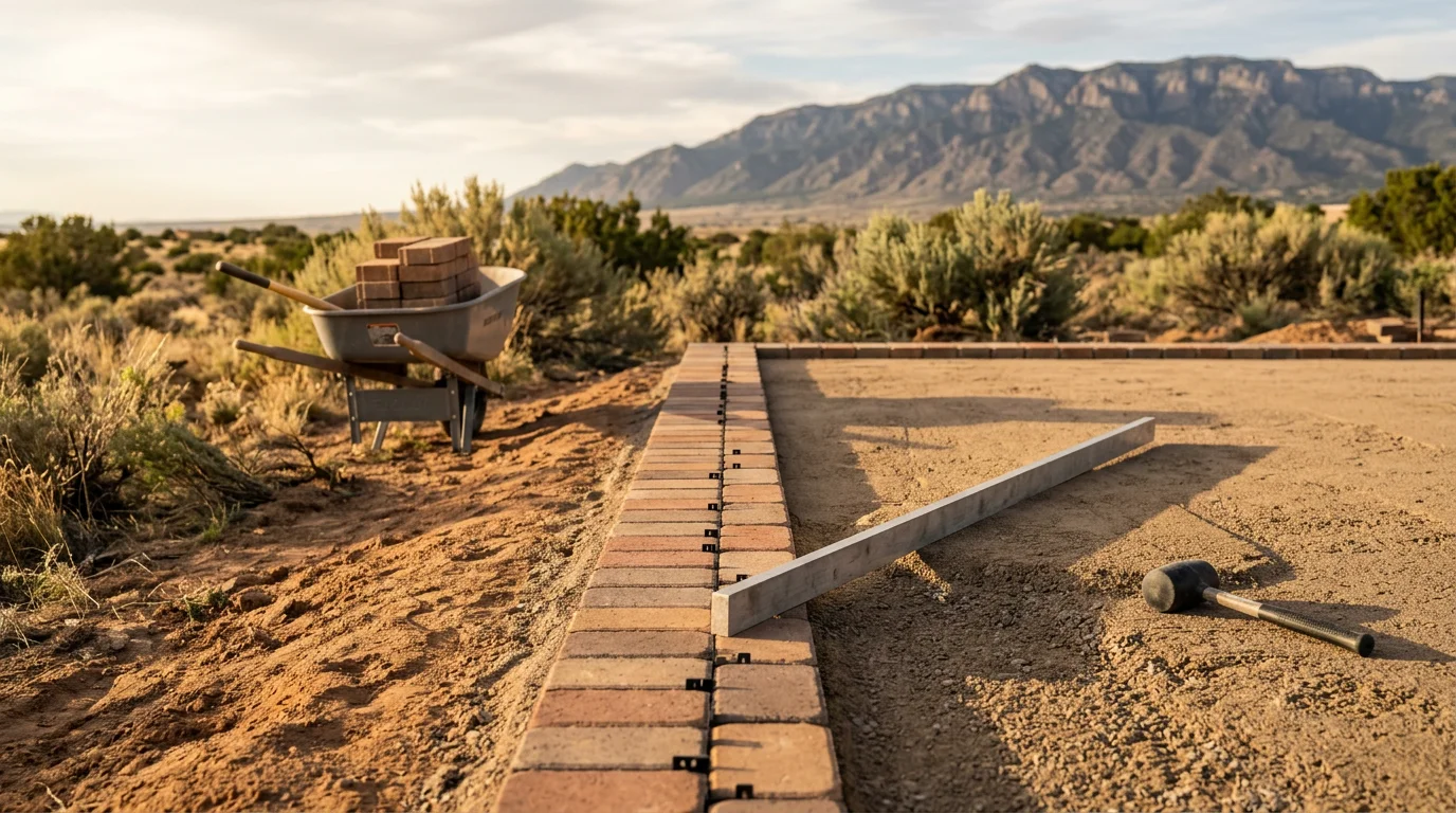 Freshly installed custom paver patio in an Albuquerque backyard, showing a tight-jointed pattern with clean edge borders set against a southwestern-style home exterior. Ground-level view highlights the level surface and uniform spacing across the finished installation.