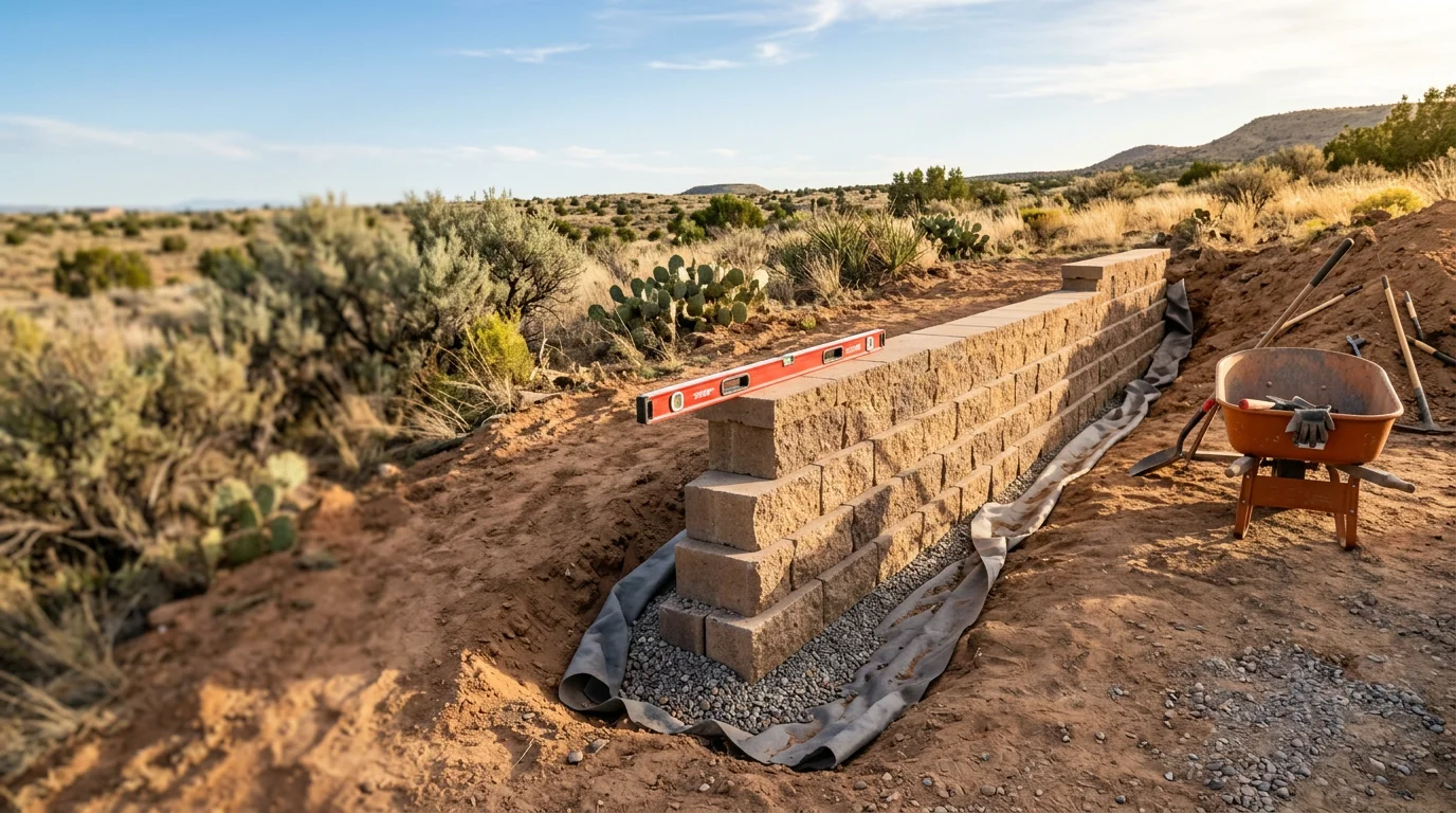 A custom-built retaining wall holding back a sloped residential yard in Albuquerque, New Mexico, with clean stone-textured block courses and level ground above. The wall creates a defined outdoor space against a backdrop of high desert landscape.