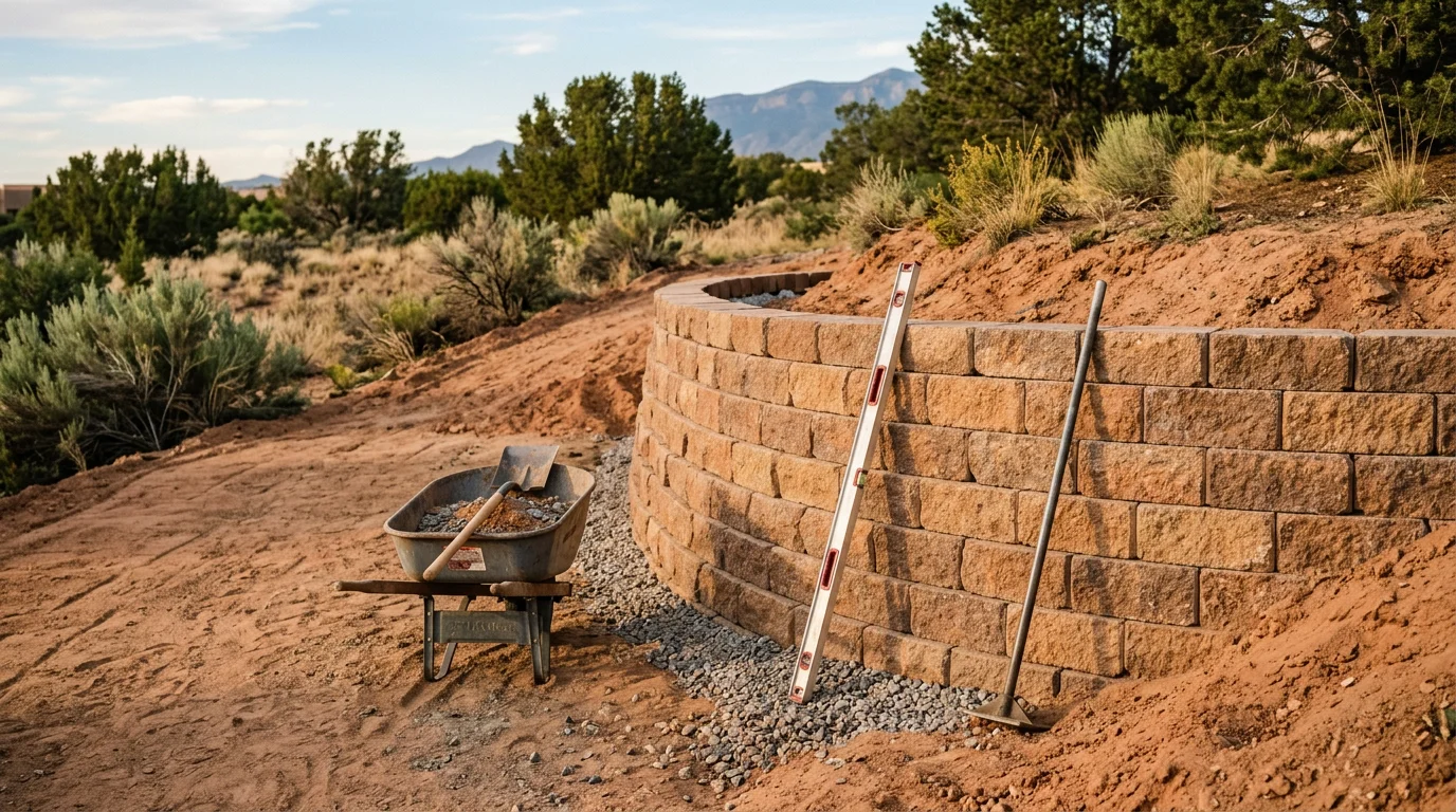 A custom-built retaining wall holding back a sloped residential yard in Albuquerque, New Mexico, with level ground created above the wall for outdoor use. The wall follows the natural grade of the property with clean, even coursing throughout.