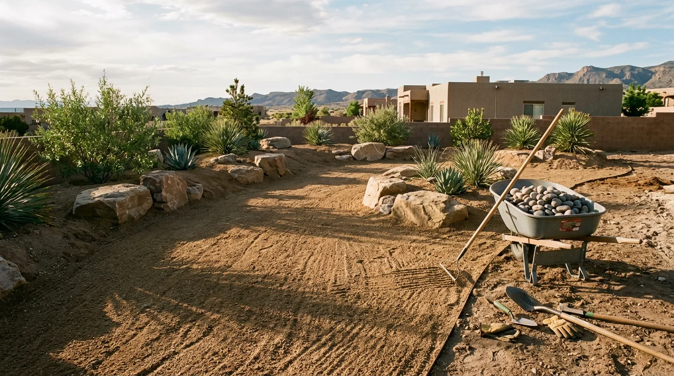Custom rock landscaping installed in an Albuquerque front yard, featuring layered stone ground cover, boulder accents, and a clean gravel border suited to the high desert climate.