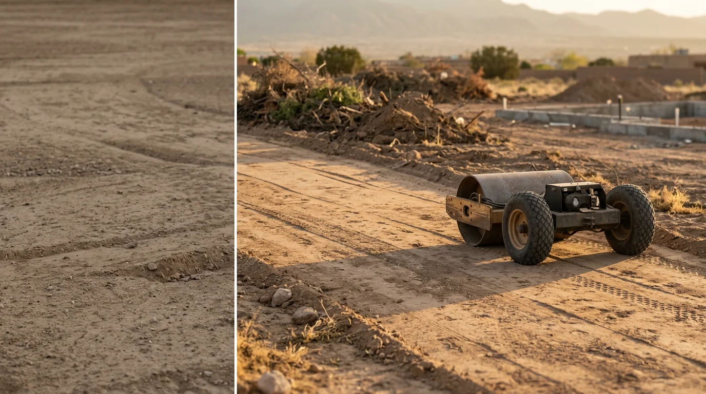 A cleared and freshly graded residential lot in Albuquerque, New Mexico, with compacted soil leveled and ready for landscape installation. The high desert terrain is visible in the background with the site free of debris and vegetation.