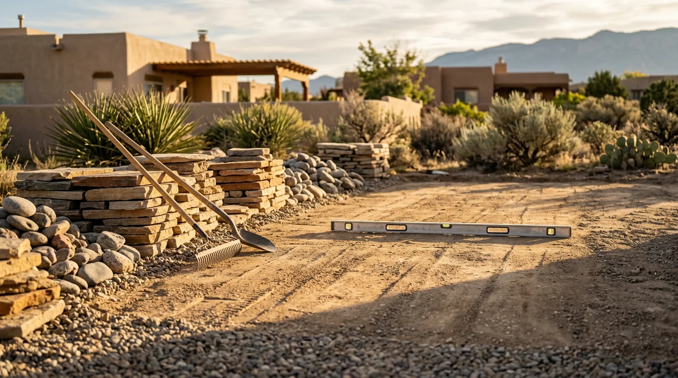Custom stone patio and walkway installed by LCJ Landscape LLC in an Albuquerque residential backyard, featuring natural flagstone set against a high-desert landscape with the Sandia Mountains visible in the background.