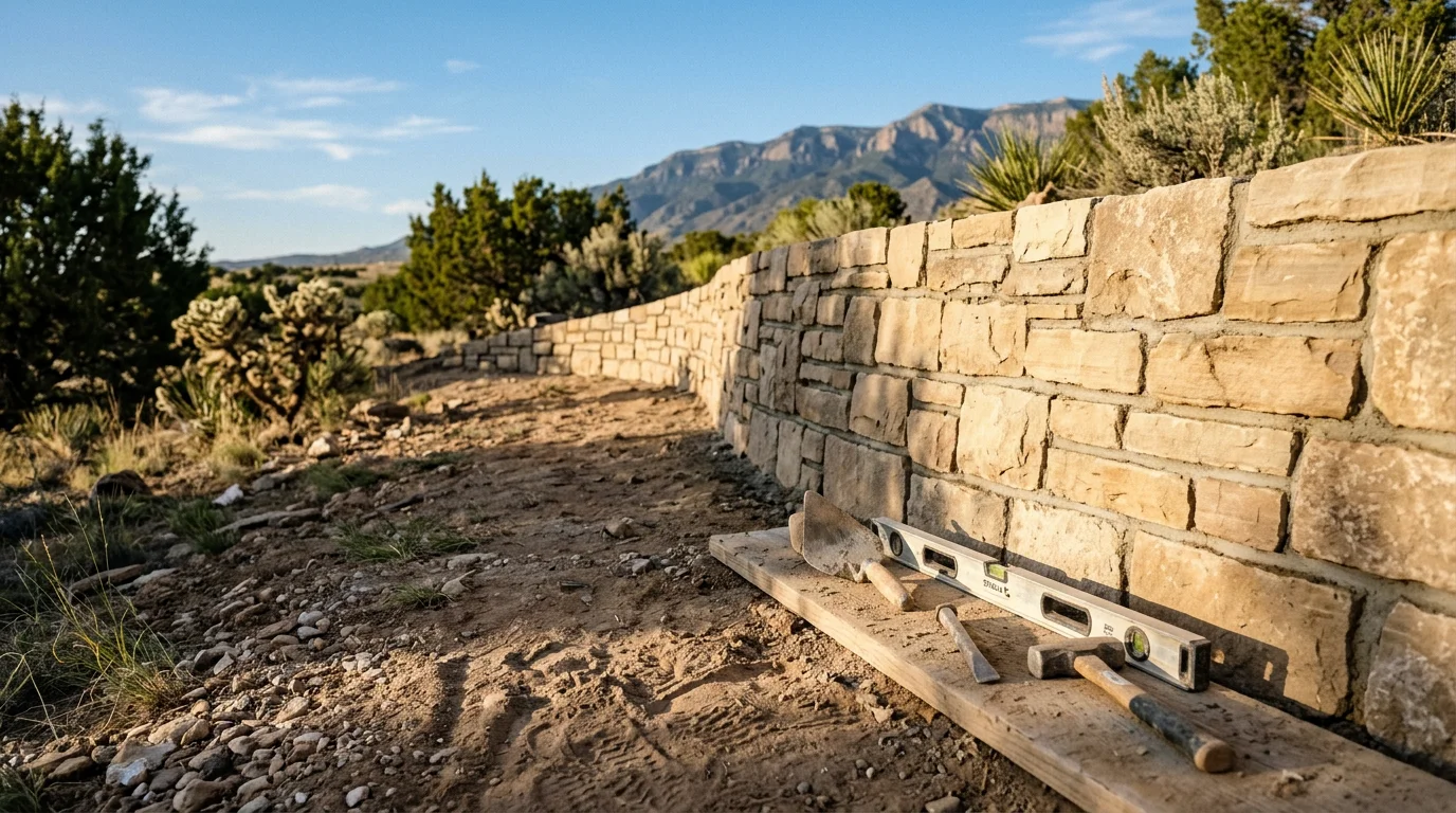 Custom stone masonry retaining wall and walkway installed in an Albuquerque backyard, with desert landscaping and a Southwestern-style home in the background. Natural stone steps lead from a lower yard level up to a patio area surrounded by native plantings.