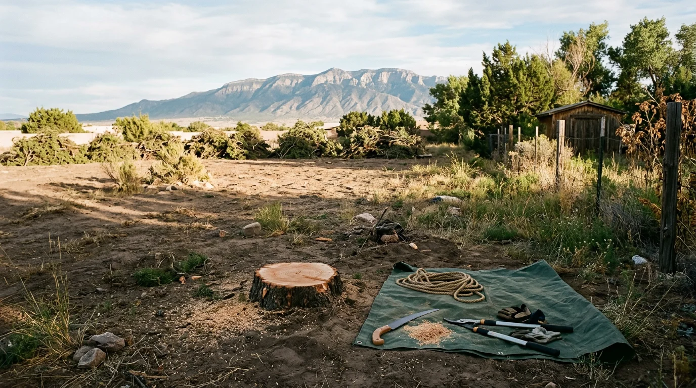 A large dead piñon pine being removed in sections in a residential yard in Albuquerque, New Mexico. The surrounding fence and landscaping remain undisturbed after the controlled removal.