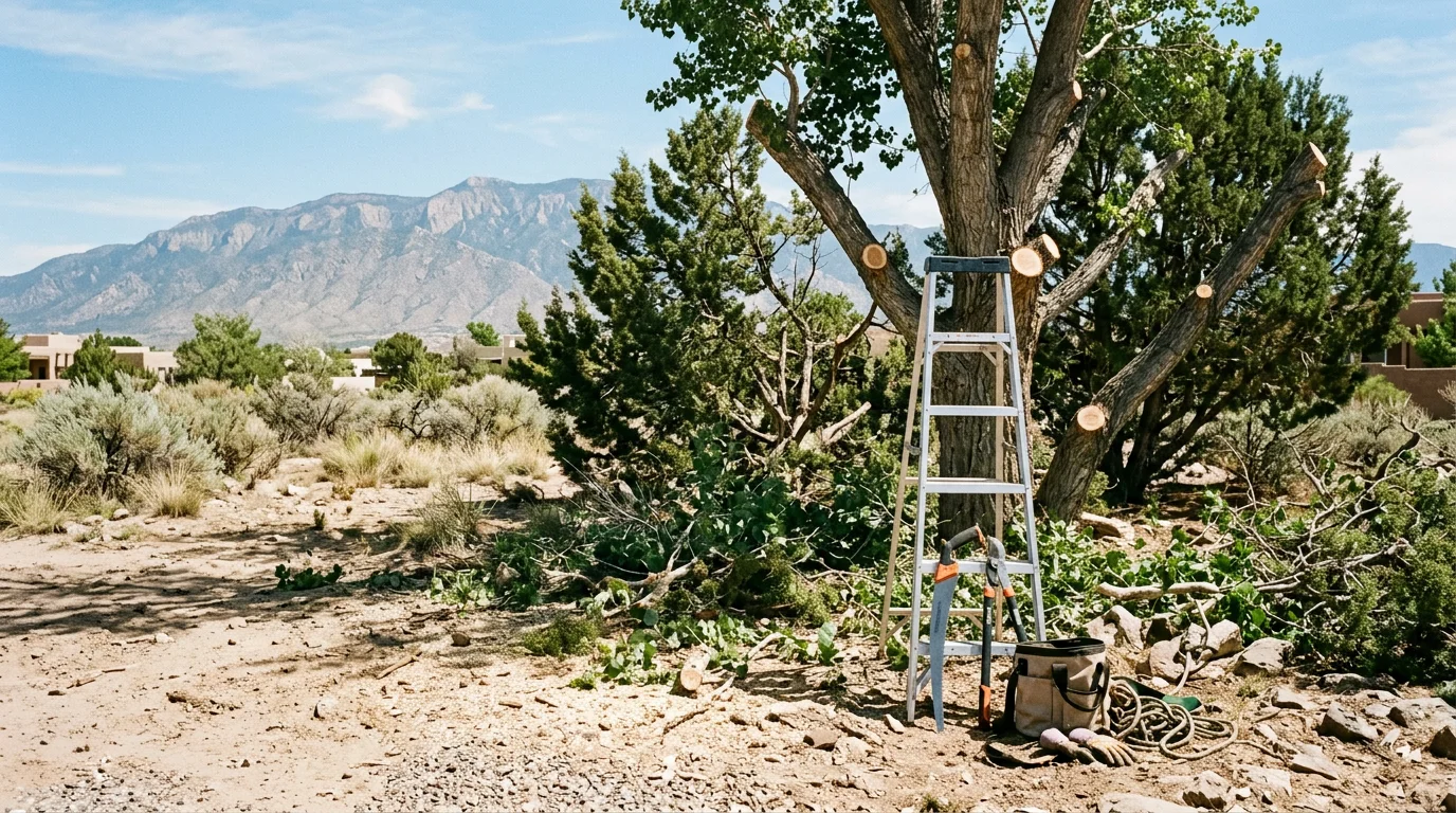 A mature shade tree with a clean, open canopy after professional trimming and pruning work in an Albuquerque residential yard. Deadwood and crossing branches have been removed, leaving a balanced structure suited to the high-desert landscape.