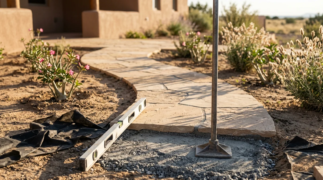 A custom stone walkway installed by LCJ Landscape LLC leading to the front entry of a Southwestern-style home in Albuquerque, New Mexico. The path is bordered by desert-adapted plantings and set on a compacted base suited to the high-desert climate.