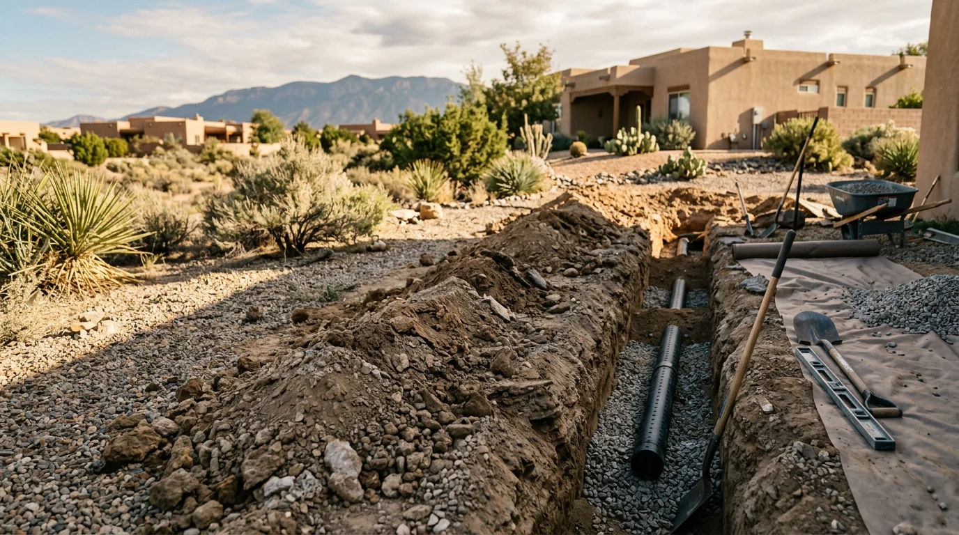 A graded residential yard in Albuquerque, New Mexico showing a clean drainage channel directing storm runoff away from the home's foundation. The surrounding soil is level and dry, with no standing water visible after a monsoon rain event.