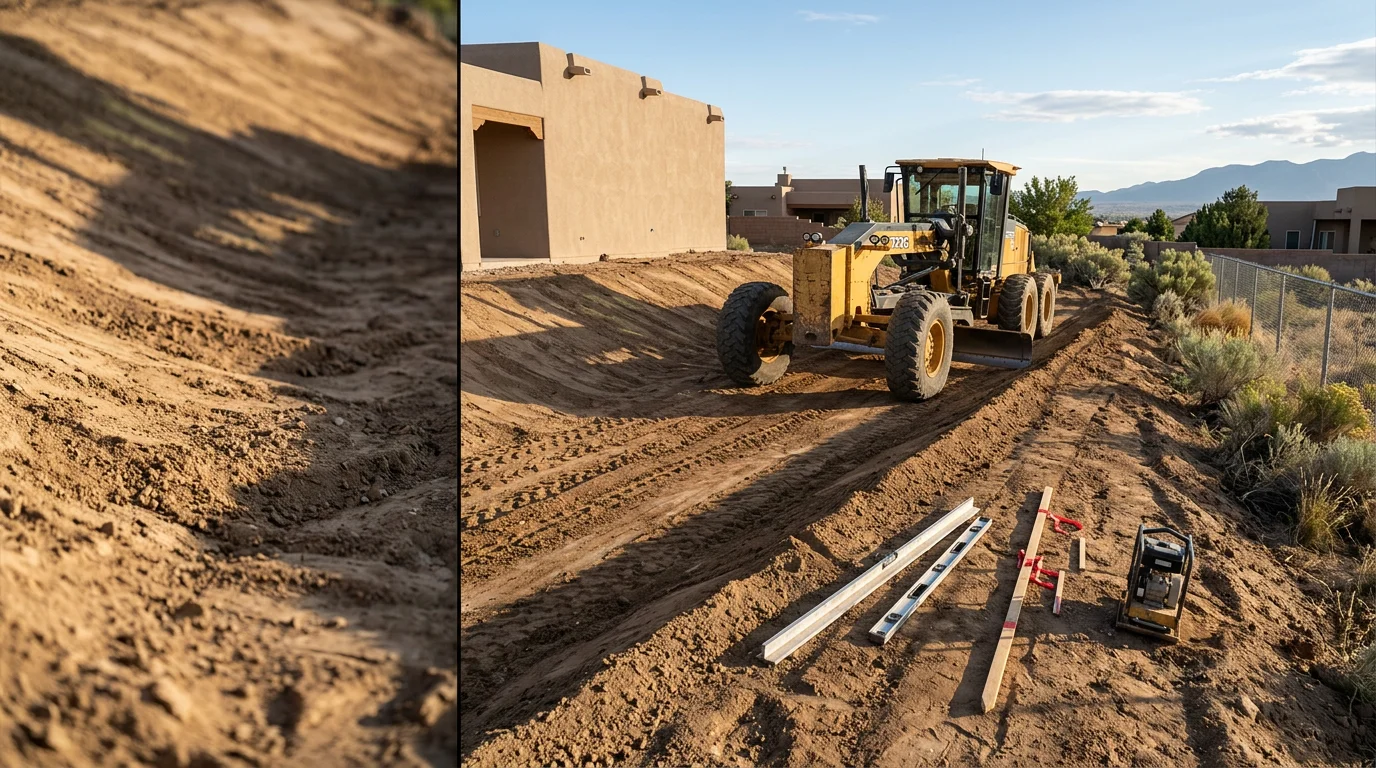 A freshly graded residential yard in Albuquerque, New Mexico showing a smooth, gently sloped ground surface prepared for landscaping. The regraded soil slopes away from the home's foundation with no visible pooling areas or erosion channels.